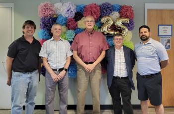 Five of Wiscasset Community Center’s former directors: From
left, current director Duane Good, Scott Pontau, Don Brewer, Wayne Applebee and Todd Souza. Courtesy of Sheila Sawyer