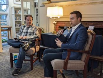 Moderator Eric Grossman, left, and author Ryan Bernsten at Boothbay Harbor Memorial Library take part in an author talk for “50 States of Mind: A Journey to Discover American Democracy.” CANDI JONETH/Boothbay Register