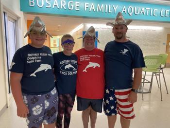 Ready to join the kick-off event, a splash party in the YMCA pool held July 10, for the 2023 Annual Fund fundraising campaign are, from left, Byran, Hannah, Heather and Mike Hills, who are chairing this year’s fund drive. Allyson Goodwin photo