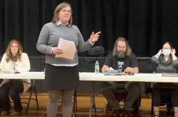 Wiscasset Superintendent Kim Andersson read a memo listing reasons why she recommends middle and high school Principal Gina Stevens should be dismissed during a Nov. 13 special committee hearing held in public. BILL PEARSON/Boothbay Register