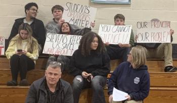 Wiscasset Middle High School students showed their support for embattled Principal Gina Stevens Nov. 13 during a special personnel hearing held in the gymnasium. BILL PEARSON/Boothbay Register