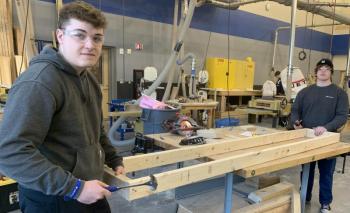 Future carpenters Braden Davis, left, of Boothbay and Henry Putnam of Wiscasset are first-year students at Bath Regional Career and Technical Center. BILL PEARSON/Boothbay Register