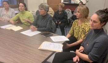 District Attorney Natasha Irving, second left, sought a $50,000 funding request Nov. 7 for the Midcoast Restorative Justice team. The program provides alternative sentencing for offenders and allows victims to participate in sentencing. Also pictured, team members, from left, Drew Himmelstein, Irving, Kathy Durgin-Leighton, Emma Hirst and Jonna Crispe. BILL PEARSON/Boothbay Register