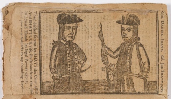 Daniel Shays and Job Shattuck, who participated in Shays Rebellion in Western Massachusetts, are depicted in a woodcut or metal cut published in a 1787 edition of Bickerstaff’s Genuine Boston Almanack. Courtesy National Portrait Gallery, Smithsonian Institution, Washington, D.C.