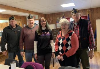 From left, American Legion Post 54’s Cliff Hendricks and Mike Barnes, Team Willow’s Beth Bluteau, Cooper-DiPerri Scholarship Fund Committee member Sheila Sawyer and Post 54 Cmdr. William Cossette Jr. gather at the Legion hall on Route One, Wiscasset March 22 to talk about the post’s recent donations to both causes. SUSAN JOHNS/Wiscasset Newspaper