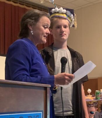 Sixth grade teacher Laurie Brown, left, described graduates’ “super powers” during the June 14 Edgecomb Eddy sixth grade graduation. Benjamin Hodgdon’s is charisma. BILL PEARSON/Boothbay Register