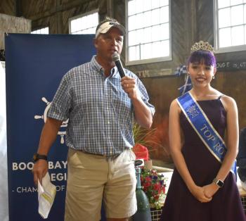 Emcee Andrew Morley with 2023 Top Royal Imij Armstead. Morley noted this was one of Imij’s final events as Top Royal. The Boothbay’s Got Talent competition is at 6 p.m. June 23 at the YMCA. LISA KRISTOFF/Boothbay Register