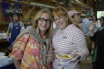 Summering on Southport from left: Lisa Stover of Chicago and Victoria Roach of Southern CA. Victoria’s fave: Mine Oyster; Lisa was undecided - at the time. LISA KRISTOFF/Boothbay Register