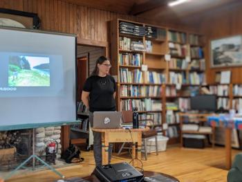 Maine Poet Laureate Julia Bouwsma presents “Midden,” a collection of poems about Malaga Island history, at Popham Beach Library. CANDI JONETH/Boothbay Register