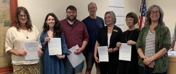 On Aug. 6, Lincoln County commissioners awarded $90,000 in grants to local opioid prevention organizations. Pictured, from left, Haley Bezon, executive director of Hearty Roots; Larissa Ray, Healthy Lincoln County executive director; Tim Matteson, substance use prevention coordinator; Peter Bruun, Studio B executive director; Charlene Korbut, Healthy Kids executive director; Abigail Boudin, Common Space at Lincoln County Recovery Community Center executive director, and Leigh Perkins, Studio B board of directors' president. BILL PEARSON/Boothbay Register