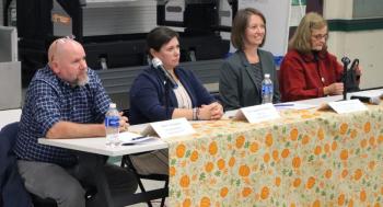 From left: Senate District 13 candidates Dale Harmon, R-East Boothbay, and Sen. Cameron Reny, D-Bristol, and House District 46 candidates Rep. Lydia Crafts, D-Newcastle, and Mary Lou Daxland, R-Newcastle, listen to a question during a candidates forum at Great Salt Bay Community School in Damariscotta the evening of Thursday, Oct. 10. Piper Pavelich photo Candidates