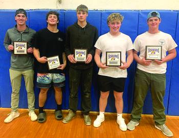 Boothbay football recognized six of its top performers Nov. 6 for the past season. Pictured, from left, Aidric Canada, Defensive Player of the Year; Maddox Cusumano, Most Valuable Player; Spencer Wenners, Most Improved Player; Tyson French, Offensive Player of the Year; and Griffin Yereance, Lineman of the Year. Not pictured, Shawn Gamage, Coach's Award. BILL PEARSON/Boothbay Register Awards ceremonh