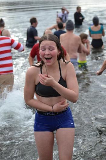 Sophia Mansfield shows her feelings after leaving a cold Linekin Bay during the Penguin Plunge on Jan. 1. KEVIN BURNHAM/Boothbay Register