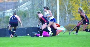 Moriah Smith scores an overtime goal for the Boothbay Region High School field hockey team. KEVIN BURNHAM/Boothbay Register KEVIN BURNHAM/Boothbay Register