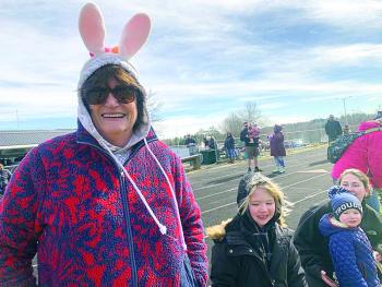 Enjoying Wiscasset’s Easter egg hunt March 30, in rabbit ears and the sun and gusty winds the event usually gets. SUSAN JOHNS/Wiscasset Newspaper 