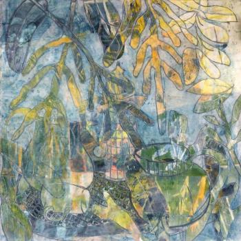 Debra Claffey, "Garden Marks 1 (with J.B.)" - monotype collage, encaustic on panel. 24" x 24" x 1.5 inches. Courtesy of the artist Debra Claffey, "Garden Marks 1 (with J.B.)"- - monotype collage, encaustic on panel. 24" x 24" x 1.5 inches. Courtesy of the artist
