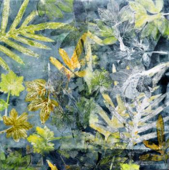 Debra Claffey - "Geranium, Peony, Blue Star Fern III - monotype collage, encaustic on panel. Courtesy of the artist Debra Claffey - "Geranium, Peony, Blue Star Fern III - monotype collage, encaustic on panel. Courtesy of the artist