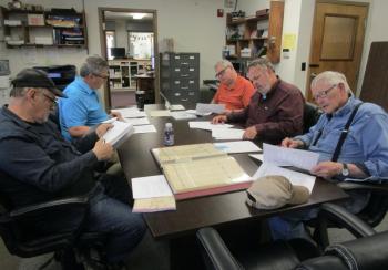 Reviewing the warrant for Wednesday’s annual town meeting are (l-r) Selectman Dale Chadbourne, Moderator Mike Field and Selectmen Tommy Davis, Jason Shaw and chairman David King Sr. PHIL DI VECE/Wiscasset Newspaper 