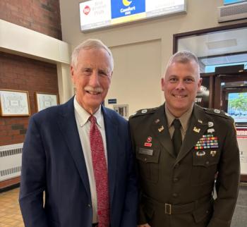 U.S. Sen. Angus King, (I-Maine), left, and WMHS teacher Shanon Cotta. Courtesy of Wiscasset School Department 