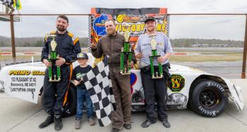 Super Street Victory Lane, from left: Kevin Sherman, Jr. Official Karson Gervais, David Greenleaf and Noah Haggett. Jasen Dickey Photography Super Street Victory Lane, from left: Kevin Sherman, Jr. Official Karson Gervais, David Greenleaf and Noah Haggett. Jasen Dickey Photography