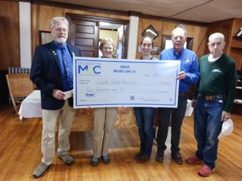 The Lincoln Lodge presentation on May 8. Pictured from left are  Worshipful Master Wayne Eugley, Marjorie DiVece of the Edgecomb Community Church, Brie DiPerri of St Philip’s Episcopal Church, Jeff Averill of Alna, and Paul Bonyun of Westport. Courtesy photo