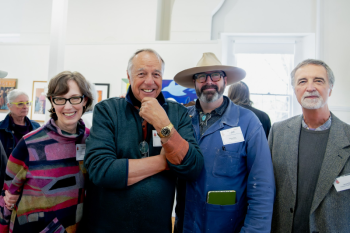 Artist Carolyn Gabbe, humorist Tim Sample, show curator Matthew Barter, and MAG Board Chair Richard Riese at the opening reception for "Whimsy: Flights of Fancy" at the Maine Art Gallery. Photo by Bob Bond