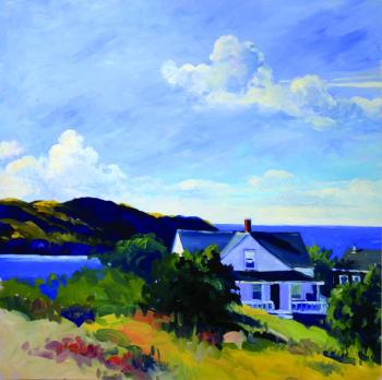 Keith Oehmig, "Island Houses," oil on board, 36" x 36" at Wiscasset Bay Gallery through June 25. Courtesy of the artist