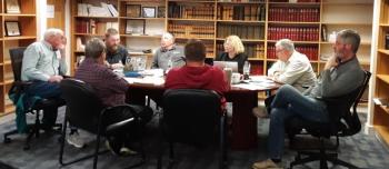 Members of the newly formed Boothbay region Future of Our Schools Committee meet May 2 at the Boothbay town office. JANE CARPENTER/Boothbay Register
