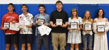 The Boothbay/Wiscasset Track & Field teams held their annual awards presentation June 16. The following team members were recognized: From left, Ben Gapski, boys MVP; AJ Crocker, Hammer award; Ross Gaffney, most improved; Logan Bourne, coaches' award; Maddie Orchard, girls coaches award; Olivia Rittall, most improved; and Rose Campbell, girls MVP. Courtesy photo mvpS