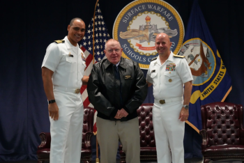 Capt. (ret) Floyston "Bud" Weeks, stands with Adm. Jim Kilby, Acting Chief of Naval Operations, and Capt. Joe Baggett, SWSC Commanding Officer, at his retirement ceremony at SWSC Newport, Naval Station Newport, R.I., July 18, 2025. John Goulette photo Capt. (ret) Floyston "Bud" Weeks, stands with Adm. Jim Kilby, Acting Chief of Naval Operations, and Capt. Joe Baggett, SWSC Commanding Officer, at his retirement ceremony at SWSC Newport, Naval Station Newport, R.I., July 18, 2025. John Goulette photo