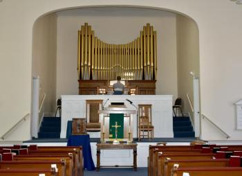 All that remains of the church's former organ are its pipes, now just ornamental. PHIL DI VECE/Wiscasset Newspaper