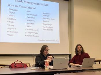 Resource Management Coordinator Corrin Flora and Marine Scientist Matt Davis talk DMR Shark management at Nov. 6 public forum. ISABELLE CURTIS/Boothbay Register