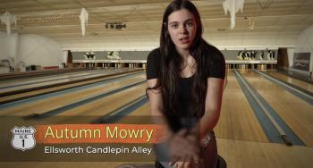 Along Route 1 Bob meets Autumn Mowry at Ellsworth Candlepin Alley. Bob Krist image