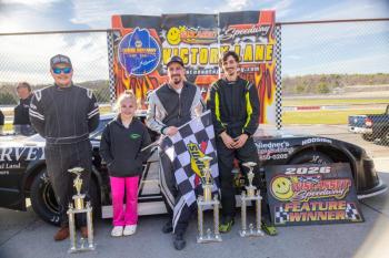 Late Model Victory Lane, from left: Jonathon Emerson, Abby Colson, Frank Moulton and Tiger Colby. Jasen Dickey Photography