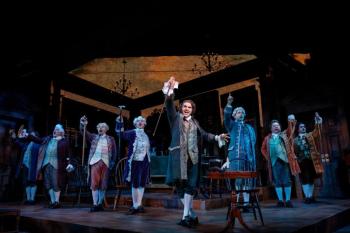 Dan De Luca, forefront, as John Dickinson and his fellow conservatives in the dance number, "Cool, Cool Considerate Men." Courtesy of Maine State Music Theatre