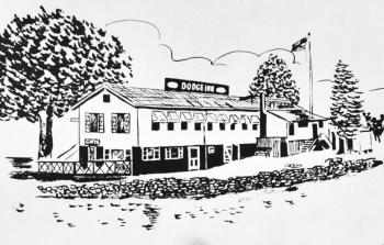 A sketch of the Dodge Inn draw by Wiscasset artist Schuyler Fairfield that appeared on the restaurant's placemat and quite similar to a picture post card of the business.