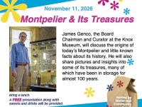 A colorful poster featuring a picture of James Genco, curator of the Knox Museum. There is text that gives details of the event, which is transcribed in the body of this post.