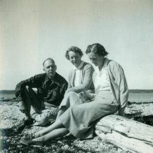 Stanley and Dorothy Freeman watch as their friend and Southport neighbor author Rachel Carson greets a squirrel. Below, Martha Freeman and Roger Christie as children, and Dorothy Freeman reads with Carson.