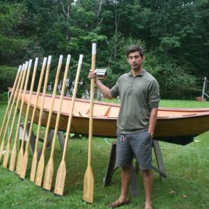 On oars he carved, Karl Berger tracked the time, date, coordinates and his thoughts and impressions of his 100-mile journey down the Columbia River in a boat he built. Below: one of the 20 inscribed oars. JOHN MAGUIRE/Boothbay Register On oars he carved, Karl Berger tracked the time, date, coordinates and his thoughts and impressions of his 100-mile journey down the Columbia River in a boat he built. JOHN MAGUIRE/Boothbay Register