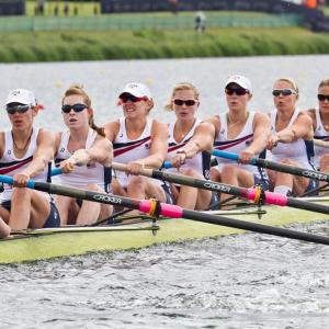 The U.S. women's eight rowing team with Elle Logan pictured fourth from left