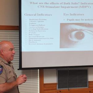Deputy Mark Bridgham and Detective Sergeant Andrew Pease (not pictured) of the Lincoln County Sheriff's Department gave a presentation on "bath salts" and other synthetic drugs to county staff at the Convention of Maine Counties on September 6. Participants learned about the challenges facing law enforcement officials in combating new generations of synthetic drugs, which officers said are easily attainable, relatively cheap and have deadly consequences. JOHN MAGUIRE/Wiscasset Newspaper