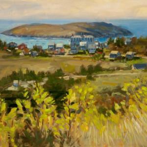 "Bird's eye view, Monhegan," oil, 36 by 44 inches. Courtesy of Gleason Fine Art "Bird's eye view, Monhegan," oil, 36 by 44 inches. Courtesy of Gleason Fine Art