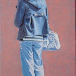 "Ragazza con Borsa a Fiore Blu," oil on canvas, mounted on board, by Laura Bianchi "Ragazza con Borsa a Fiore Blu," oil on canvas, mounted on board, by Laura Bianchi