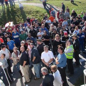 Drivers look up to the window where the Jordans and Dale Chadbourne are leading the meeting. SUSAN JOHNS/Wiscasset Newspaper 