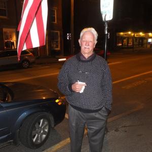 Bruce MacDonald outside the Lincoln Country Democrat headquarters in Damariscotta. MacDonald continually checked for updates throughout the night. RYAN LEIGHTON/Boothbay Register   