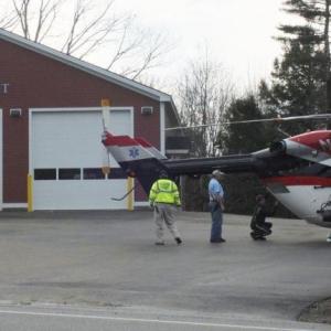 This LifeFlight helicopter transported a man from the Edgecomb Fire Station to Central Maine Medical Center in Lewiston. JOHN MAGUIRE/Wiscasset Newspaper