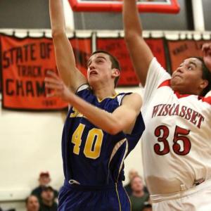 Dylan McMahon attempts to block the shot of Boothbay’s John Hepburn. Austin Haskell gets a shot inside, and Dale Peaslee pulls down a rebound. Courtesy of Brion Controvillas Dylan McMahon attempts to block the shot of Boothbay’s John Hepburn.