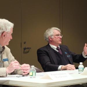 Democratic legislators representing Lincoln County residents led the Damariscotta forum on the governor's proposed biennial budget, which starts July 1 this year and ends June 30, 2015. State Rep. Mick Devin (District 51, Newcastle), right, responds to audience member questions as Rep. Bruce MacDonald (District 61, Boothbay) listens. JOHN MAGUIRE/Wiscasset Newspaper