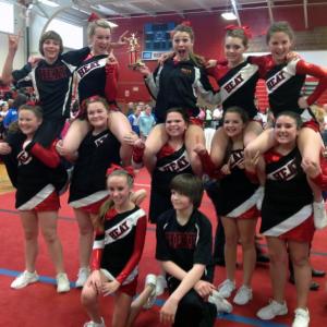 Wiscasset Youth Cheering team celebrates their first place finish at the South Portland Youth Cheering Invitational Friday, March 15. Wiscasset’s Heat includes, front row, left to right, Hailey Davis, Noah Peaslee; second row, left to right,  Hannah Chase, Caitlyn Pinkham, Corey Campbell, Lindsey Gordon,  August Moore; back row, left, to right, Tyler Peaslee, Nicole Jewett, Vannessa Dunn, Anna Marcotte and Justine Murphy. The team will compete in Lewiston Saturday, March 23. Courtesy of Deidre Jewet