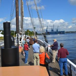 Museum visitors chat with docent Chet Hopkins on deck of the Grand Banks Fishing Schooner Sherman Zwicker this past season. The vessel, owned by the Grand Banks Schooner Trust, winters in Boothbay Harbor and berths at Maine Maritime Museum in Bath during the summer season. Courtesy of Maine Maritime Museum Museum visitors chat with docent Chet Hopkins on deck of the Grand Banks Fishing Schooner Sherman Zwicker this past season. The vessel, owned by the Grand Banks Schooner Trust, winters in Boothbay Harbor and berths at Maine Maritime Museum in Bath during the summer season. Courtesy of Maine Maritime Museum